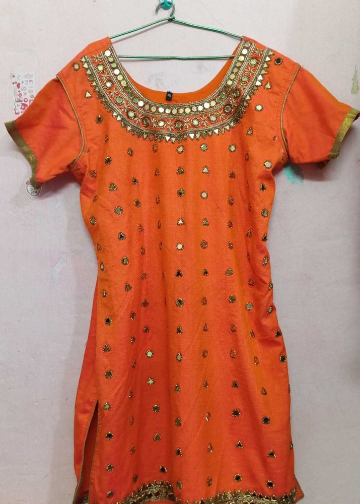 Orange Mirror Work Kurti