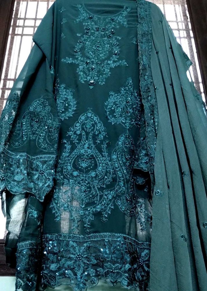 New Teal Blue Heavy Embroidered Kurta Set
