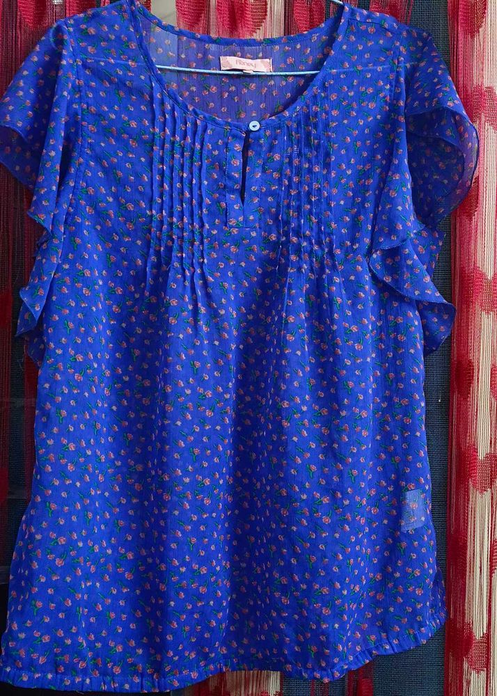 Blue Floral Sheer Ruffle Sleeve Top
