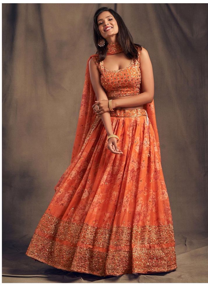 Orange&amp; gold sequined lehanga Myntra
