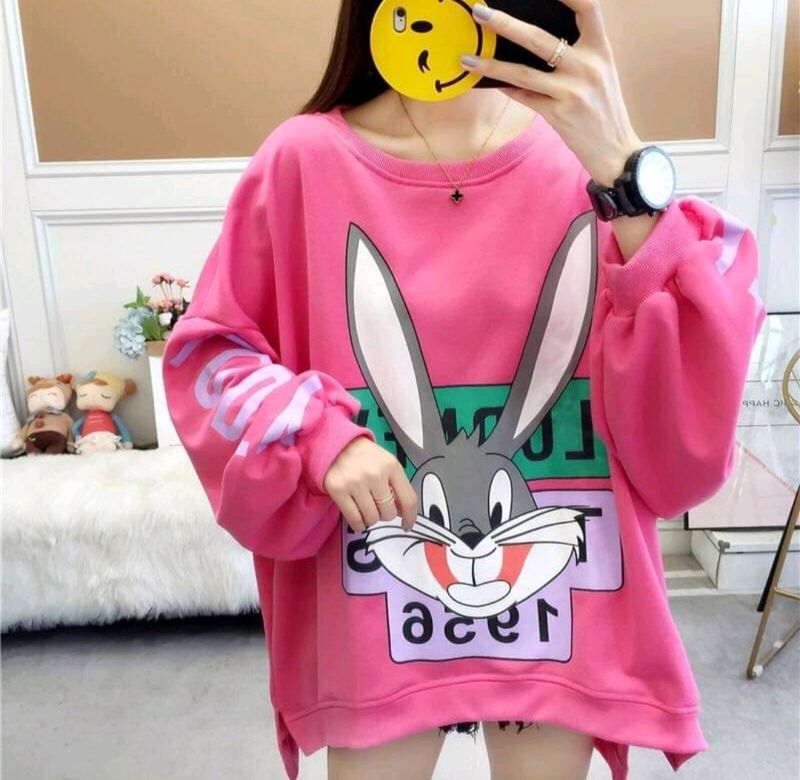 Korean Style Baggy Rabit Print Cute Pink Hoodie