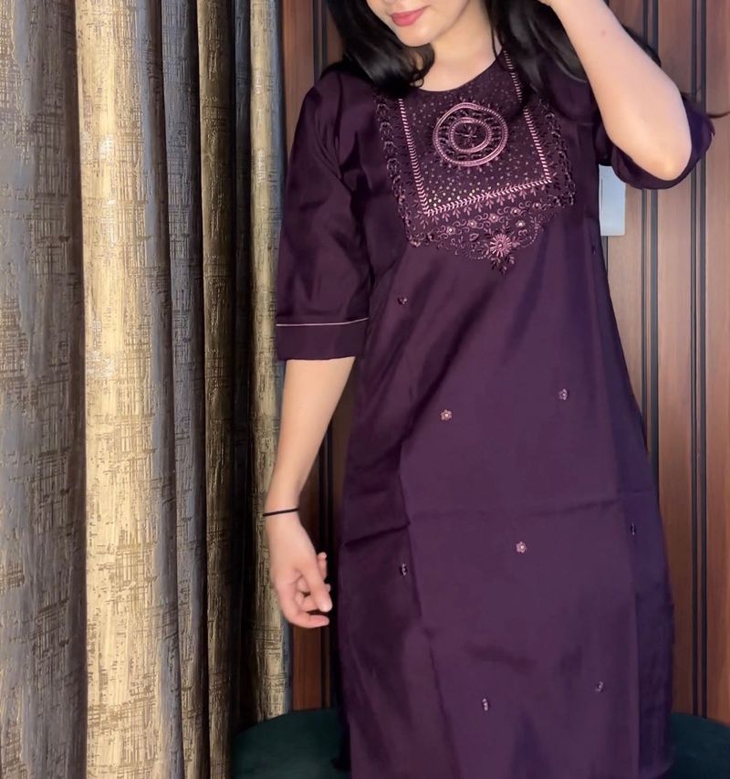 Plum Embroidered Kurti With Lining