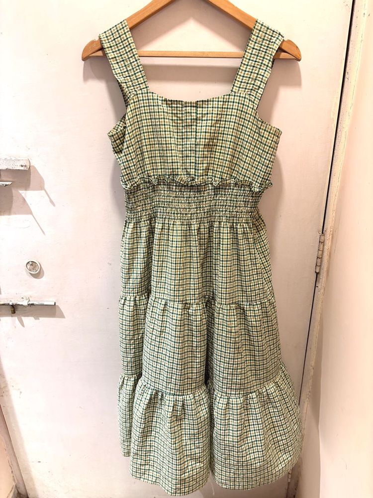 Beautiful Green Plaid Tiered Midi Dress