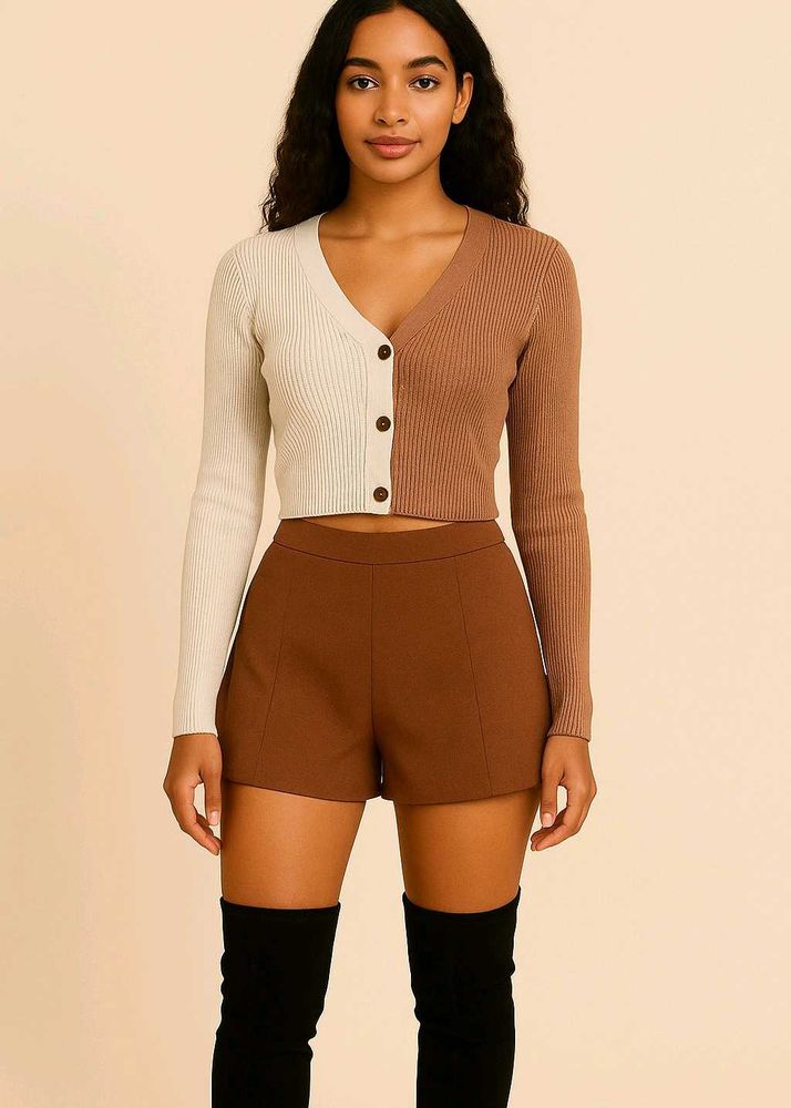 Brown &amp; Beige Ribbed Crop Top