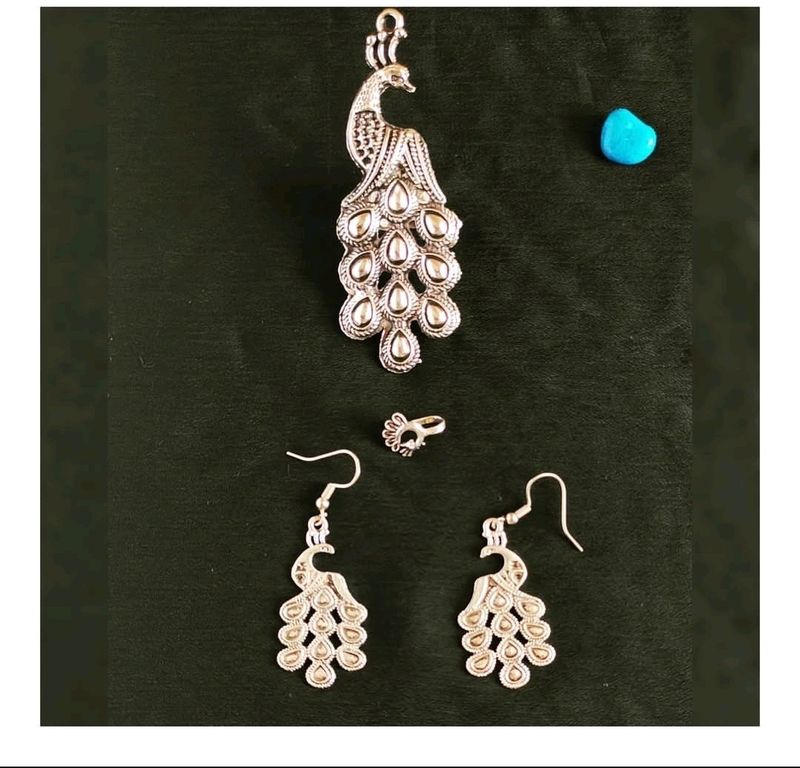 Silver Oxidized Peacock Design Jewelry Set