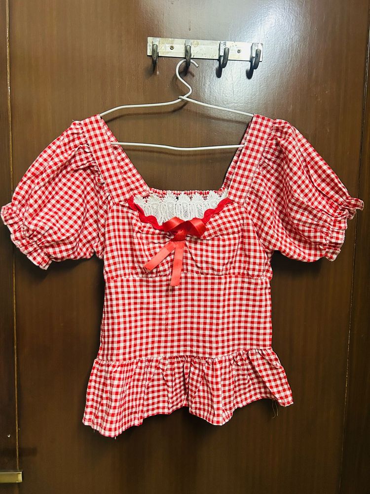 Red Gingham Puff Sleeve Top With Customised Lace