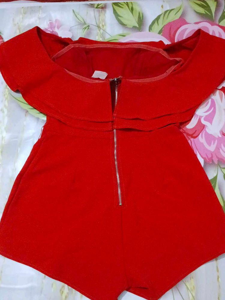 (1056)Red Off-the-Shoulder Romper