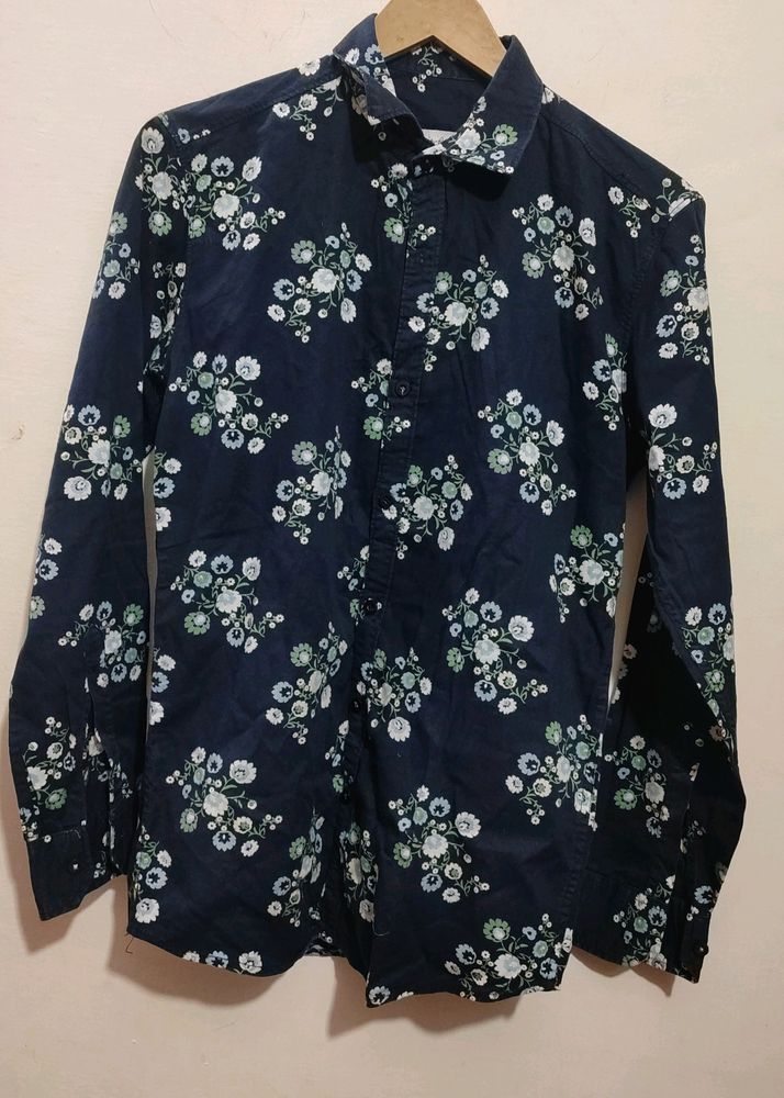 Navy Blue Flower Print Shirt For Men 36 Chest