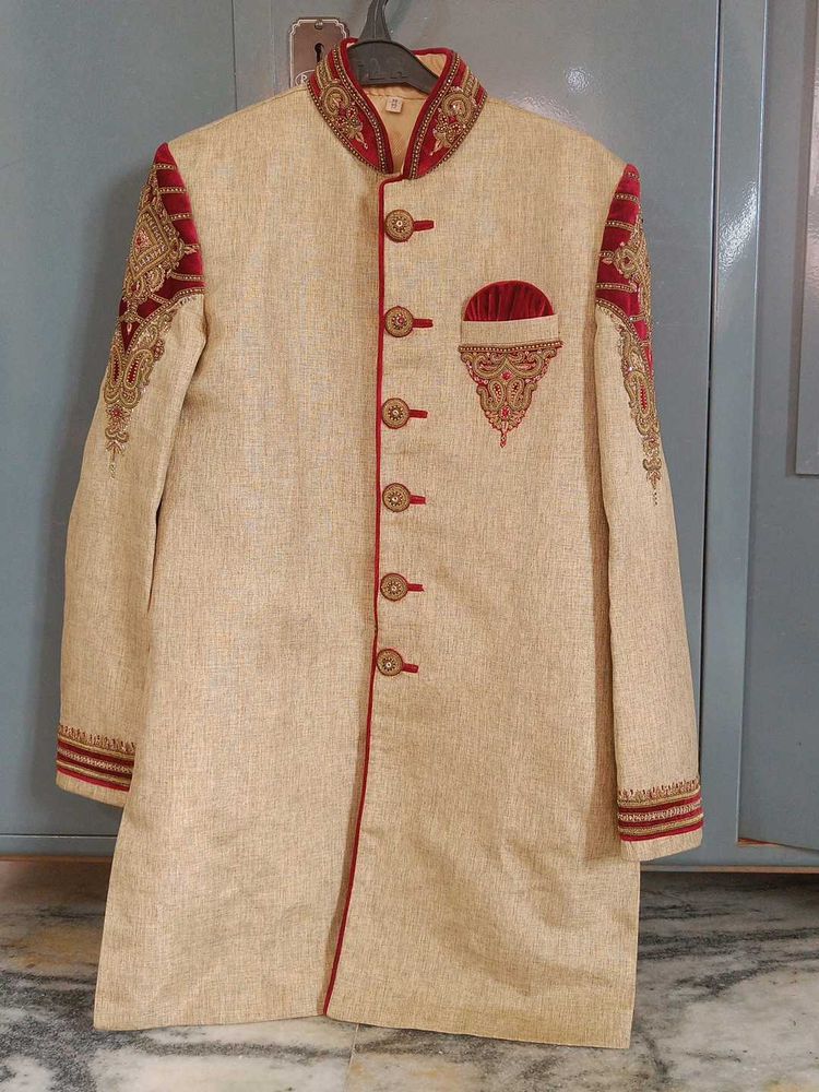 Elegant Beige Sherwani with Red Embroidery