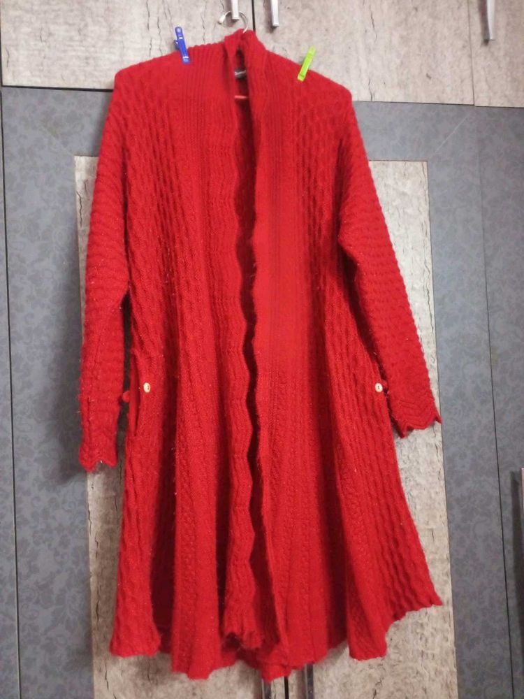 Red Knit Long Sweater Shrug