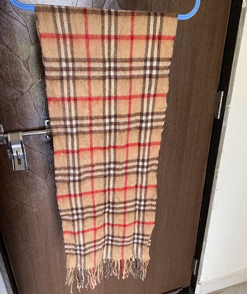 Beige Checkered Winter Scarf with Fringes