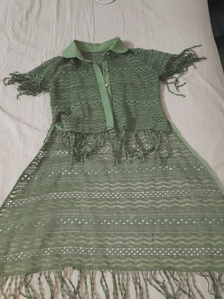 Green Crochet Dress with Fringe