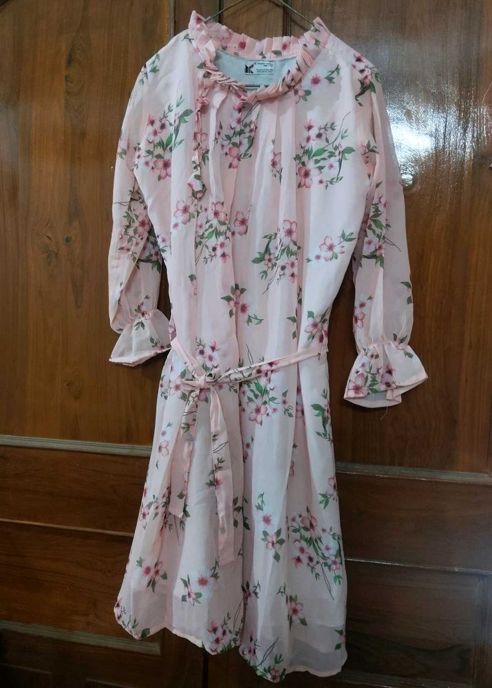 Floral Print Pink Dress with adjustable belt