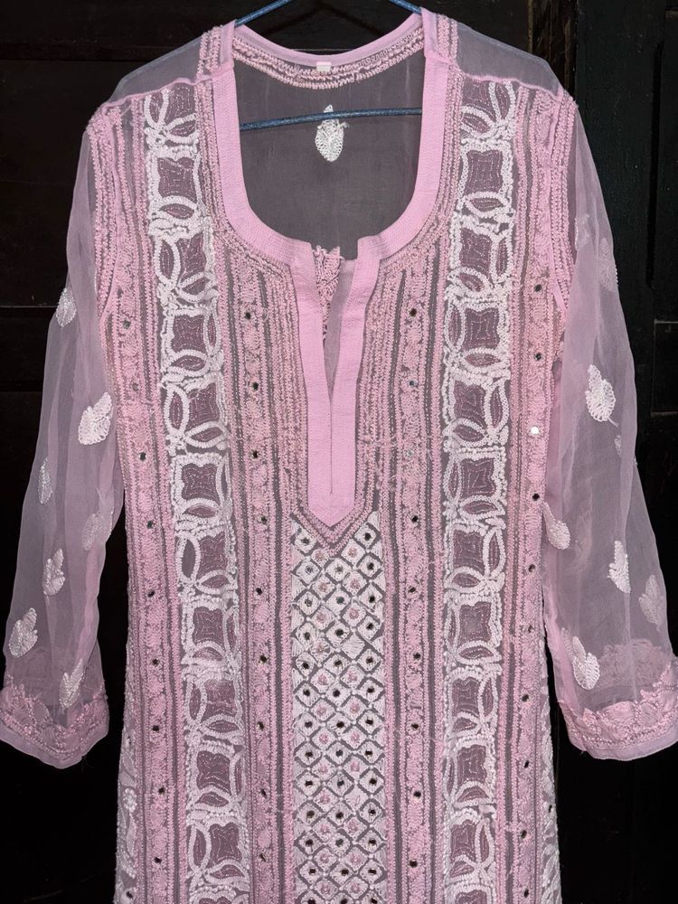 Pink Embroidered Chikankari Kurta