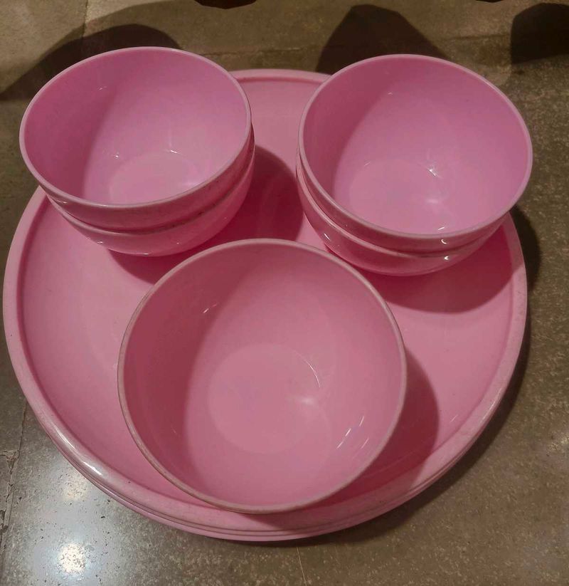 Pink Plastic Bowl and Plate Set