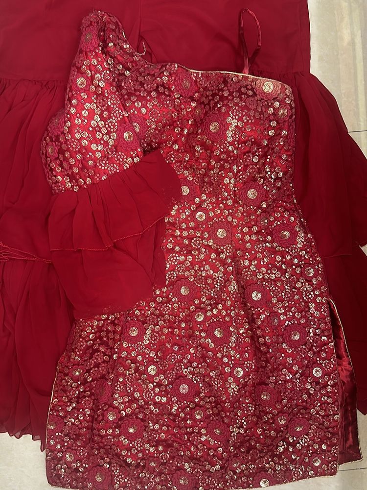 Red Embroidered One-Shoulder Sharara Set