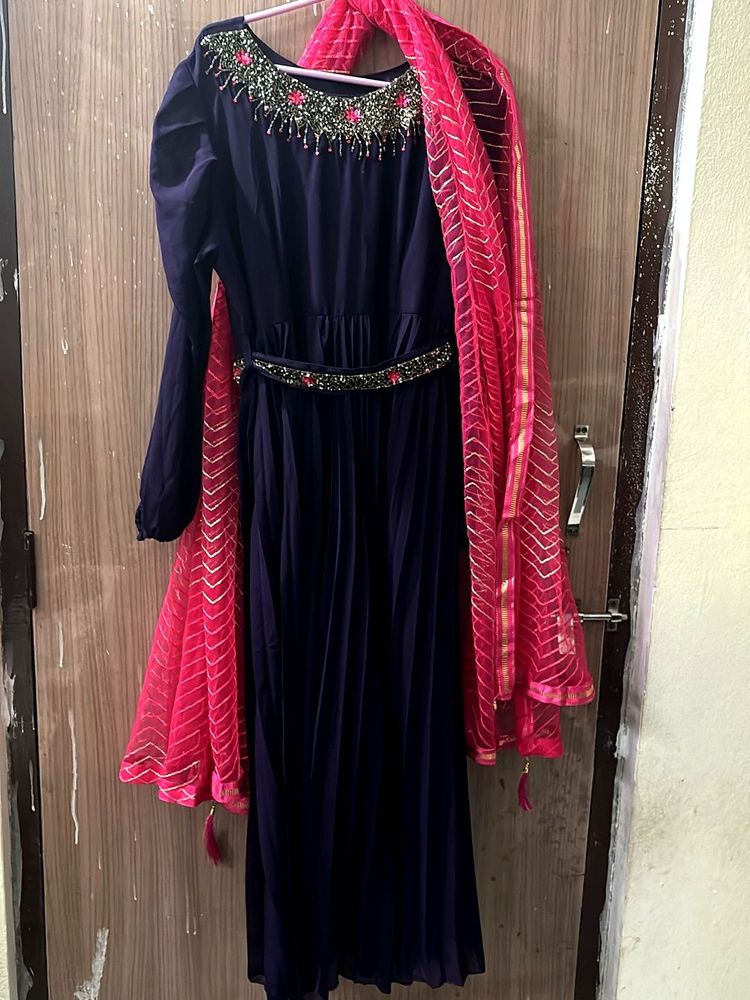 Dark Purple Umbrella Frock With Dupatta