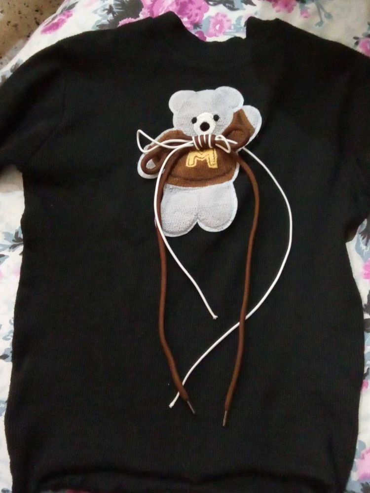 Cute Bear Graphic Black T-Shirt