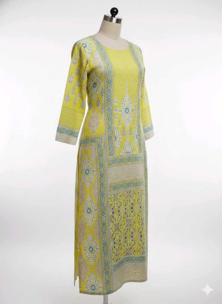 Yellow Printed Straight Kurta
