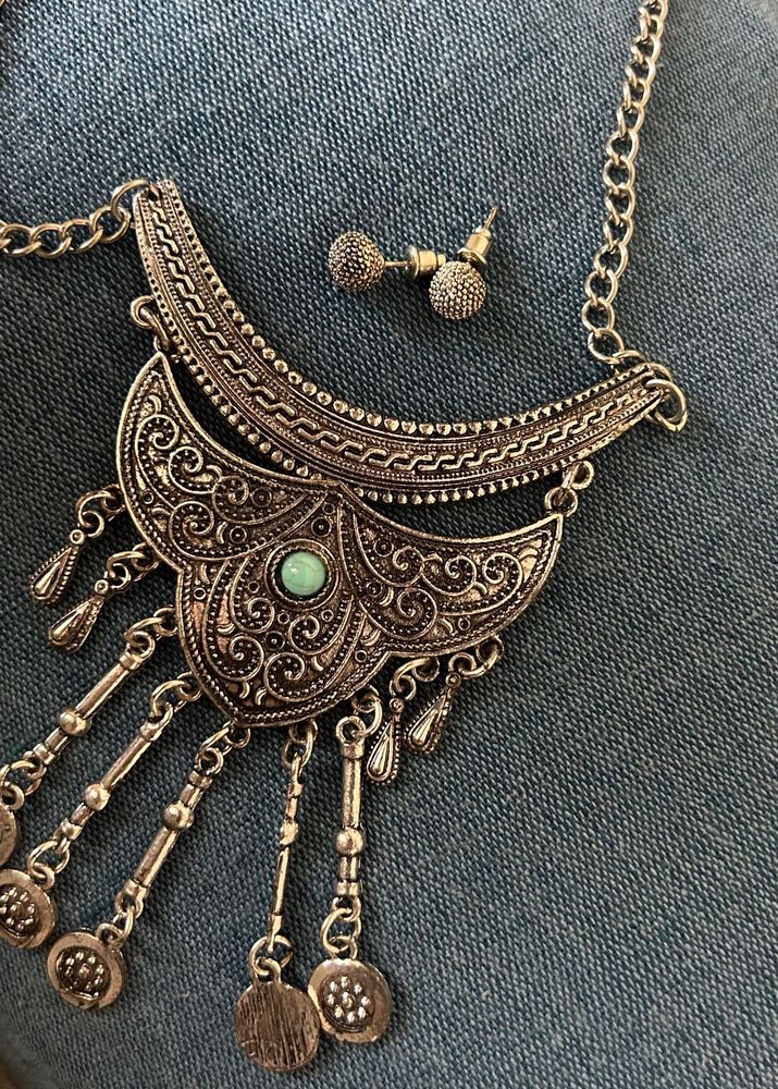 Silver Bohemian Pendant Necklace &amp; Earrings