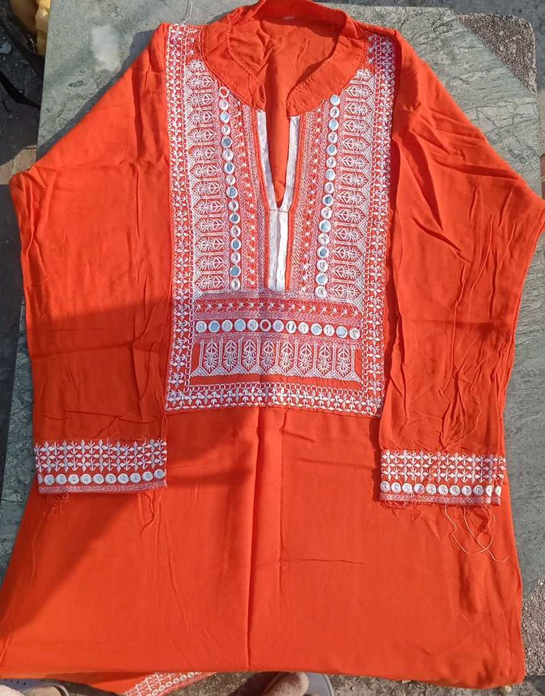 Orange Embroidered long Kurta
