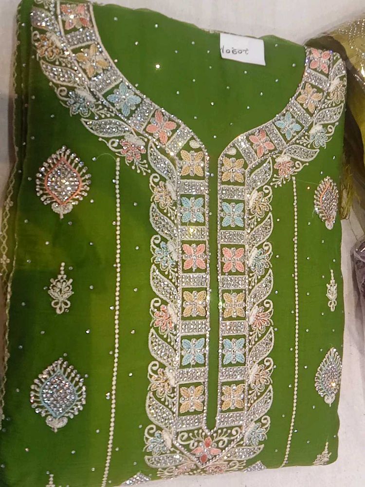 Green Embellished Dress Material