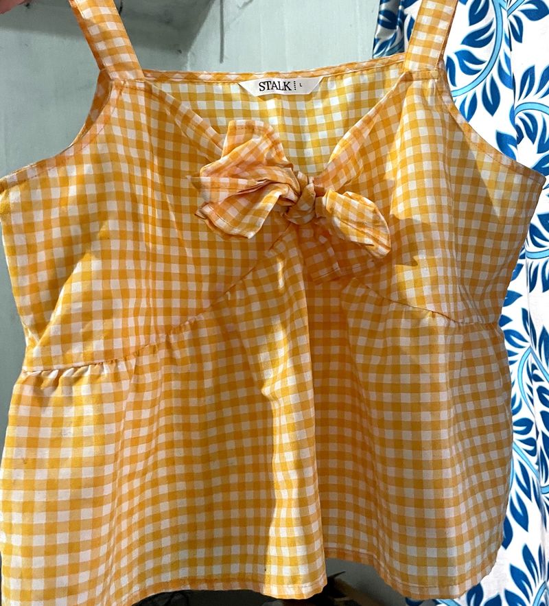Bright Yellow Gingham Top For Women