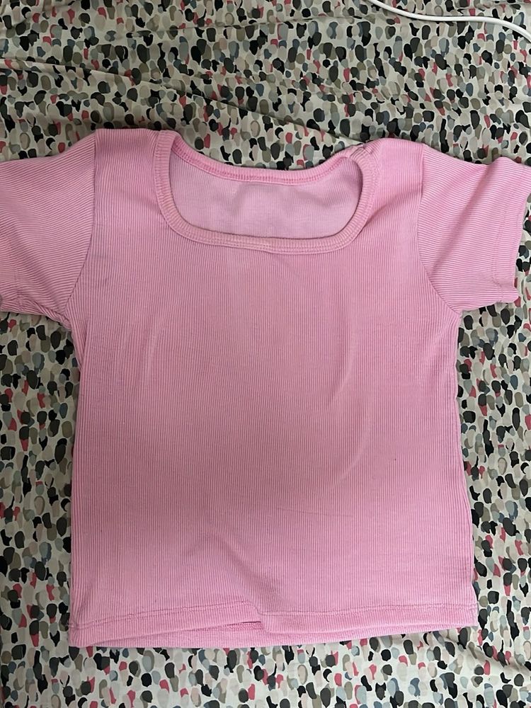 Pink Ribbed Square Neck Top