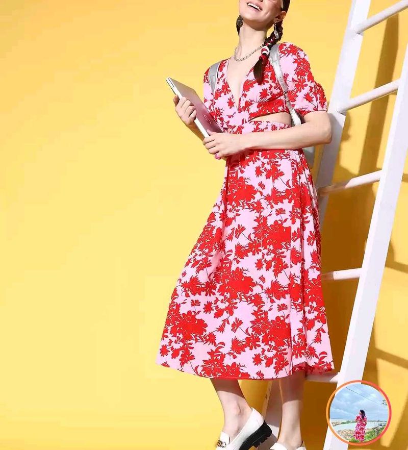 Floral Midi Dress with Cutout