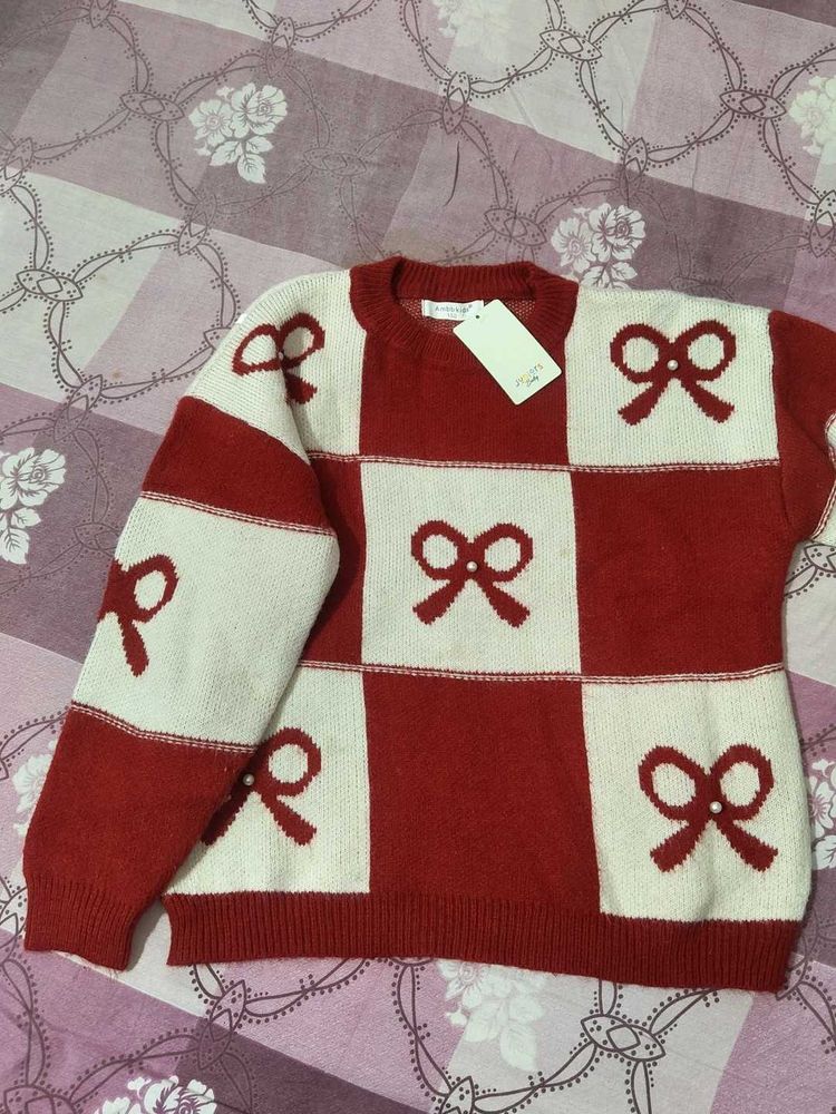 Red &amp; White Bow Knit Sweater