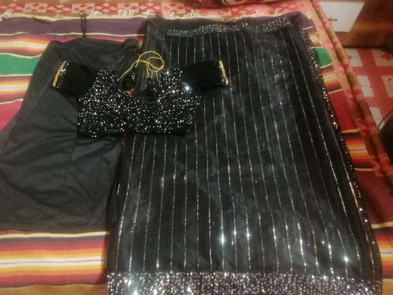 Stunning Black Sequin Saree with Blouse