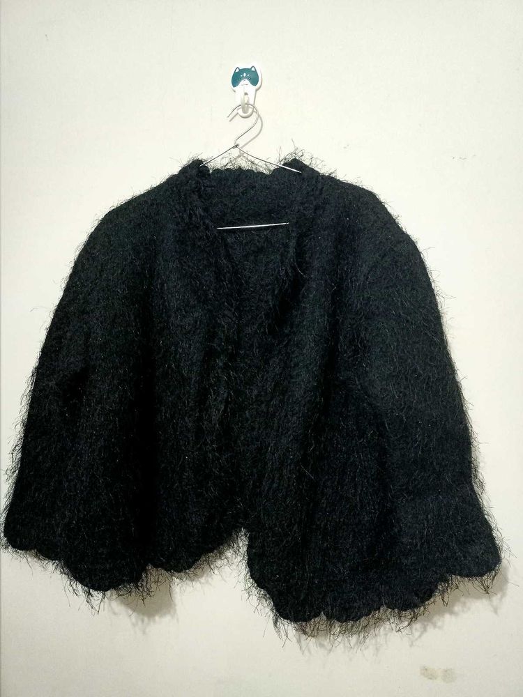 Fluffy Black Open-Front Cardigan