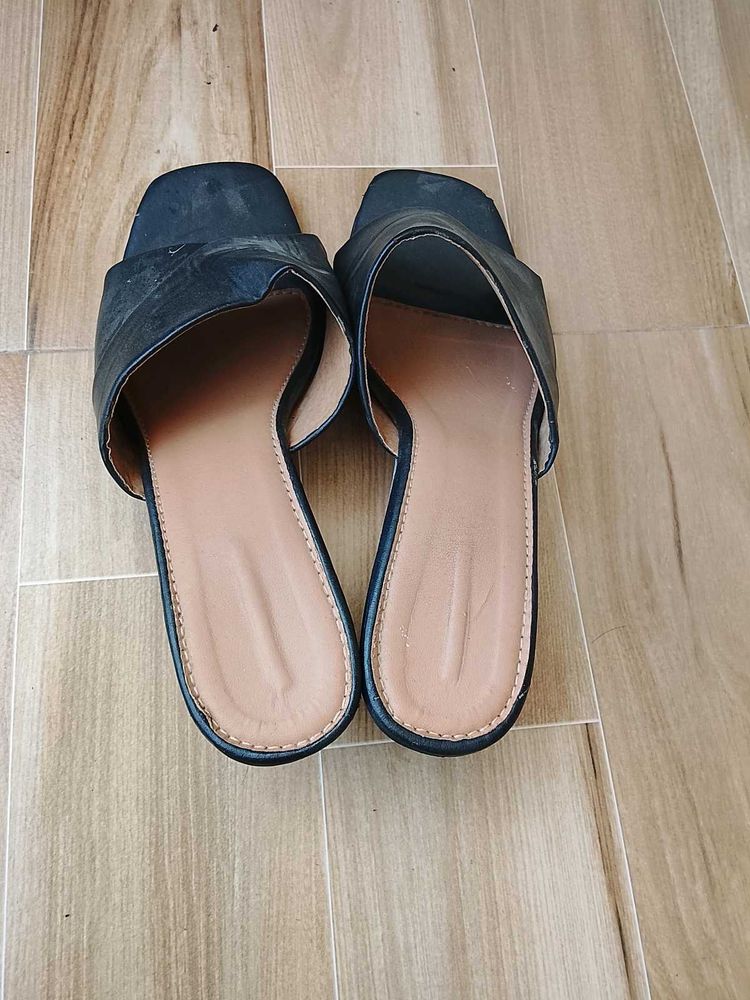 Black Block Heel Slides
