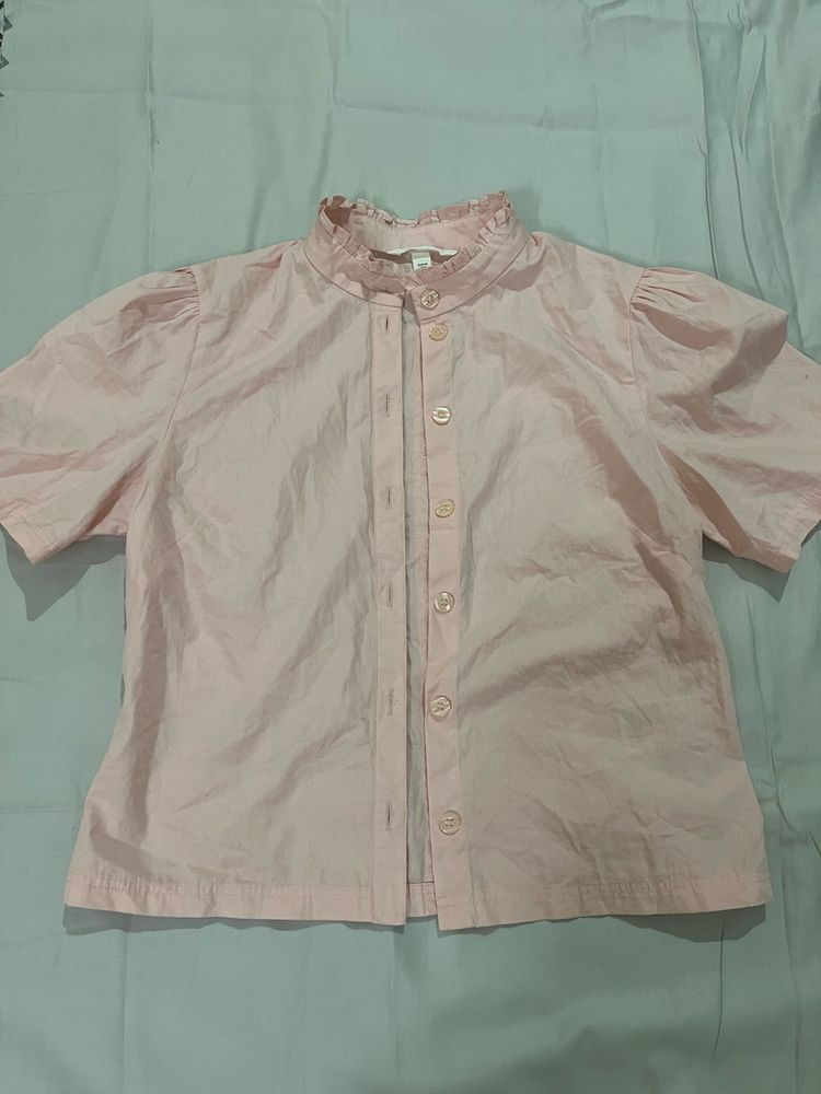 Pink Ruffle Collar Button-Up Top
