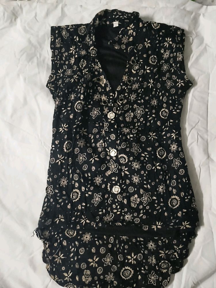 Black Colour Top With Golden Flower Print