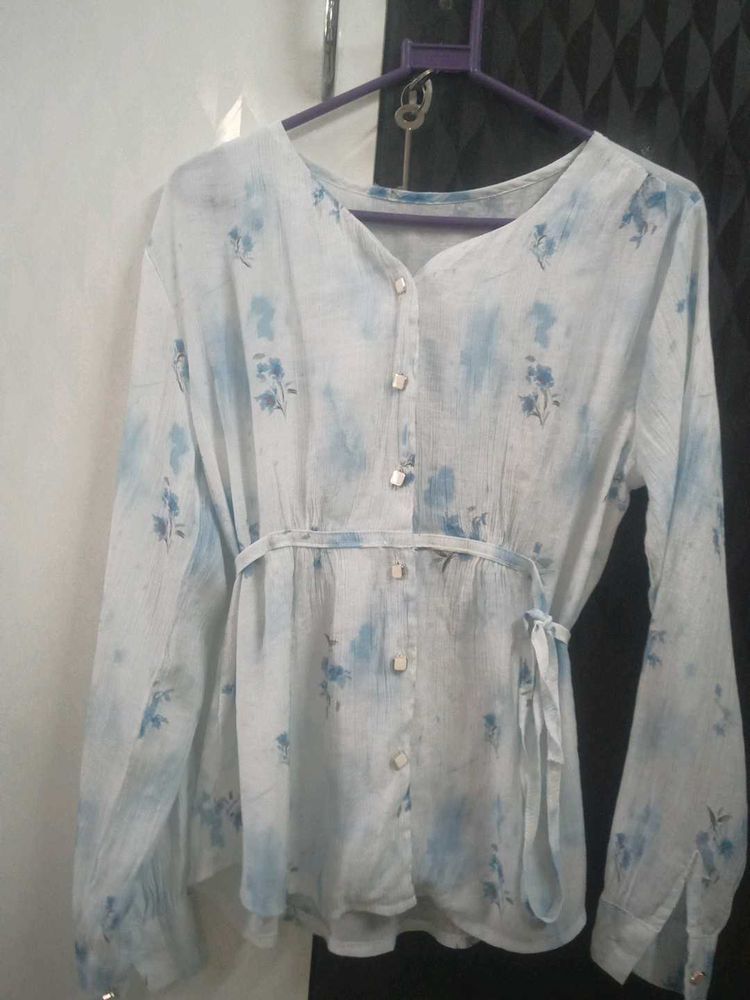Blue Floral Tie-Waist Blouse
