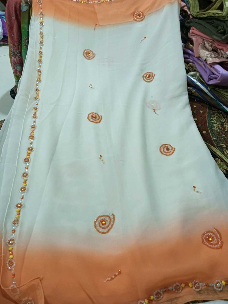 Elegant White &amp; Orange Saree with stitched blouse