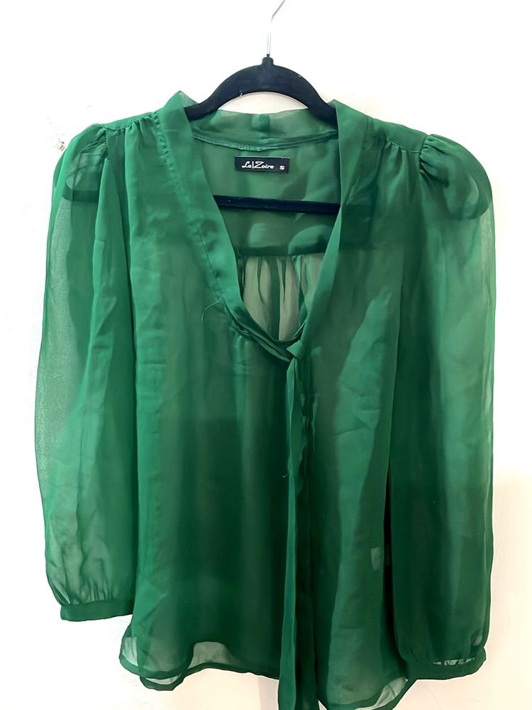 Green Sheer Tie Neck Top
