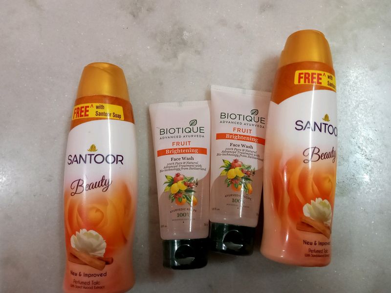 2 Pices Santoor Talc 100g, 2 Pices Biotique Fruity Face Wash 50ml.All 4 in this Price.