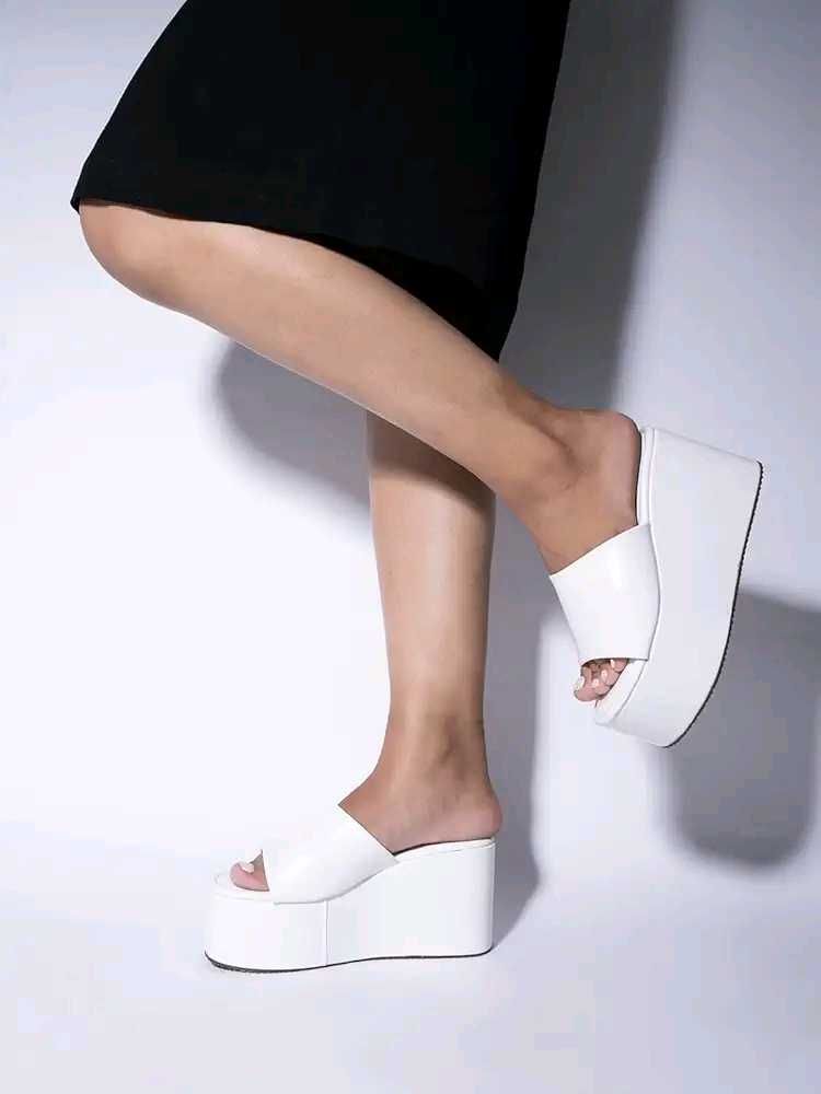 White Platform Wedge Mules