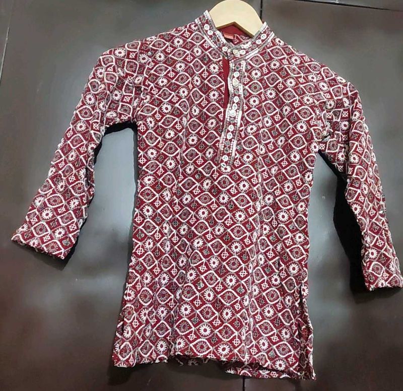 Maroon Kurta White Embroidry &amp; Pajami Set 4-5 Year