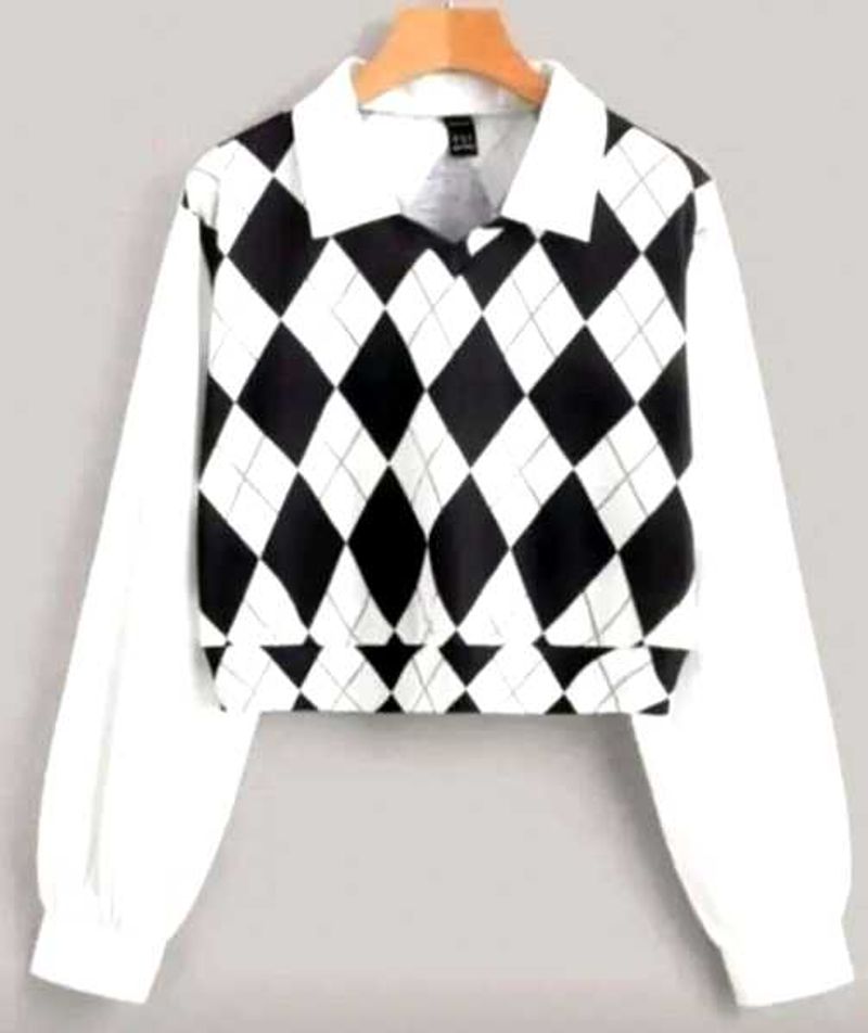 Black &amp; White Argyle Polo Crop Top