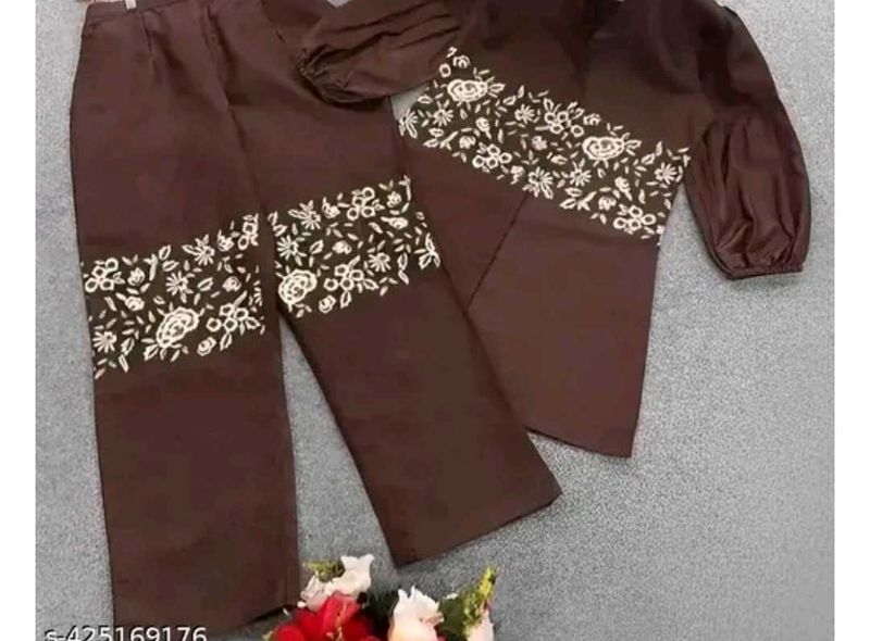 Brown Floral Embroidered Pant Set