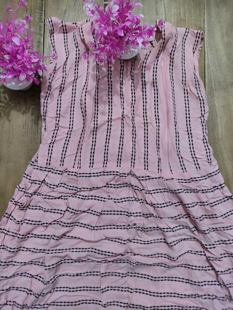 Pink Striped Maternity Dress With Front Zip