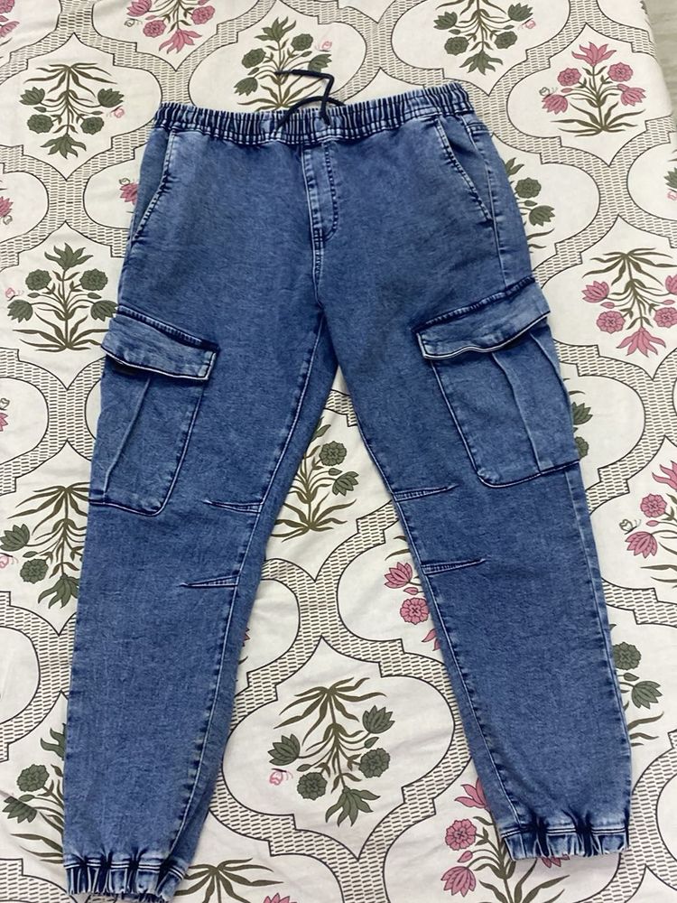 Blue Denim Cargo Joggers