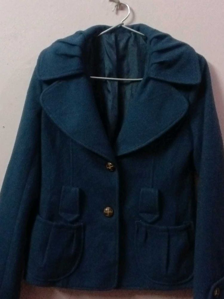 Stylish Blue Wool Blend Coat