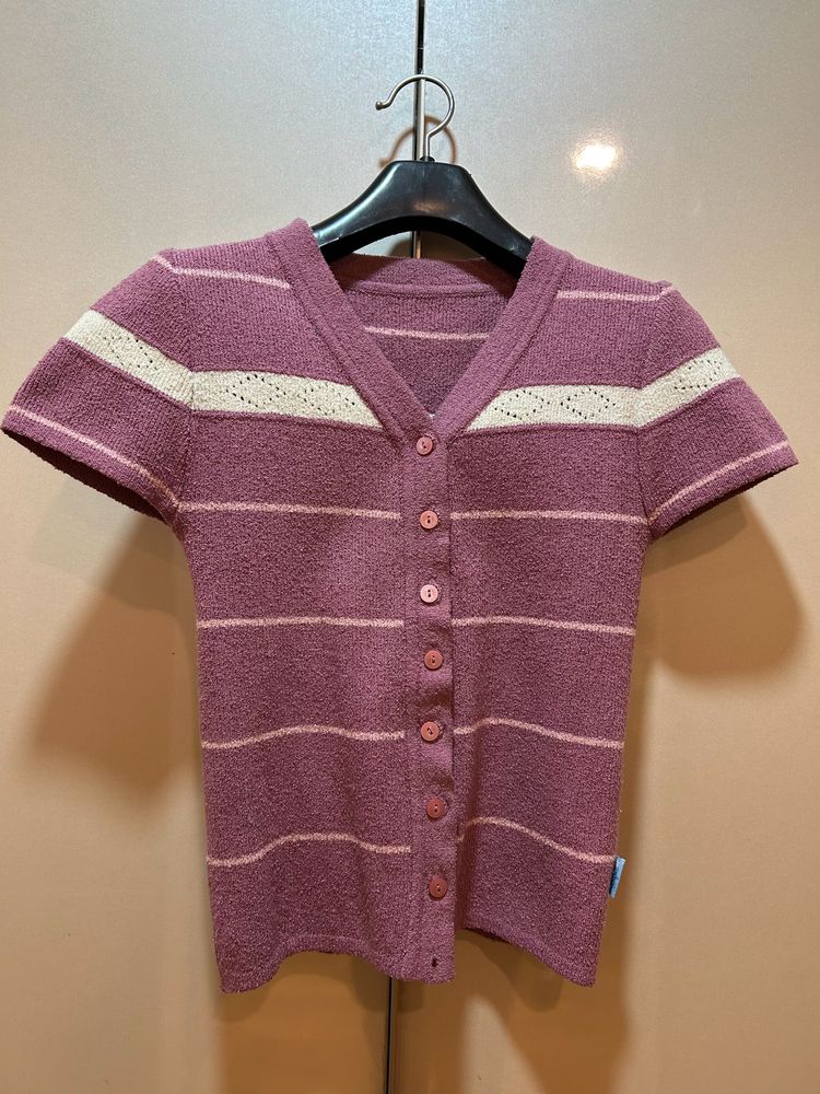 Lilac &amp; white stripe front open cardigan