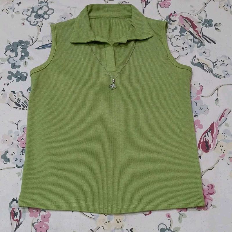 Green Sleeveless Polo Top