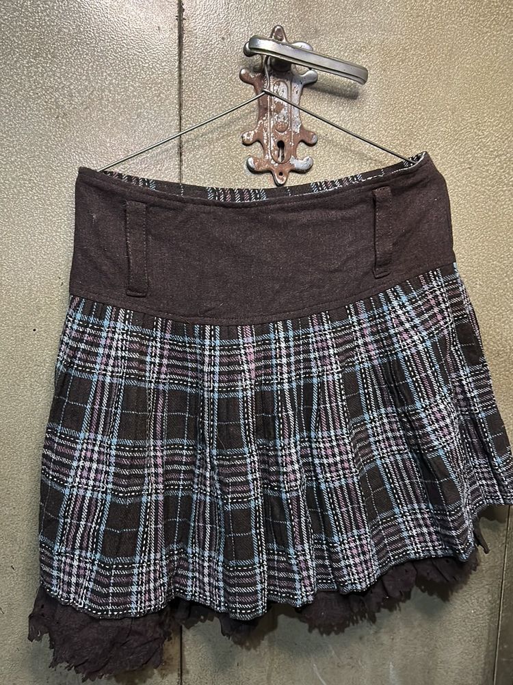Brown Plaid Pleated Skirt