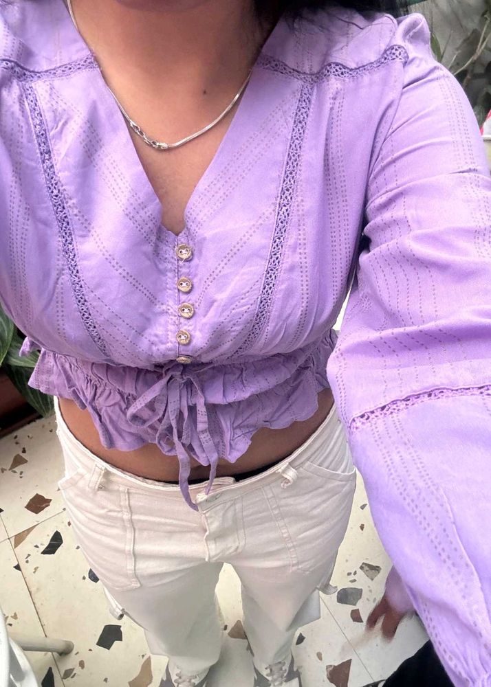 Lilac Eyelet Tie-Front Crop Top